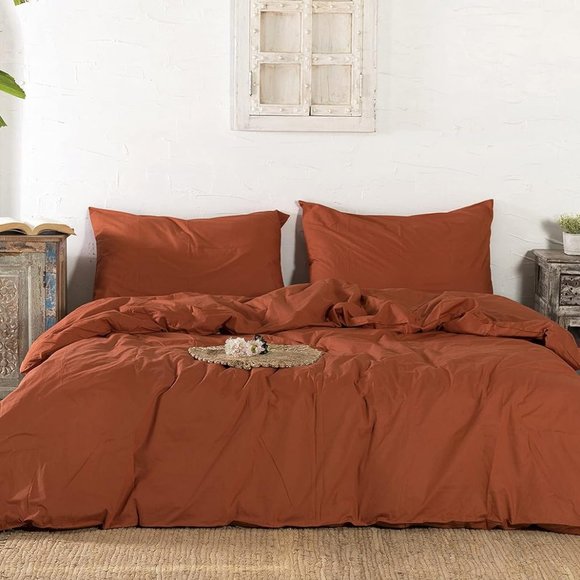Bed Set 3 piece queen size duvet with pillowcases rust orange color 100% cotton - Picture 4 of 11